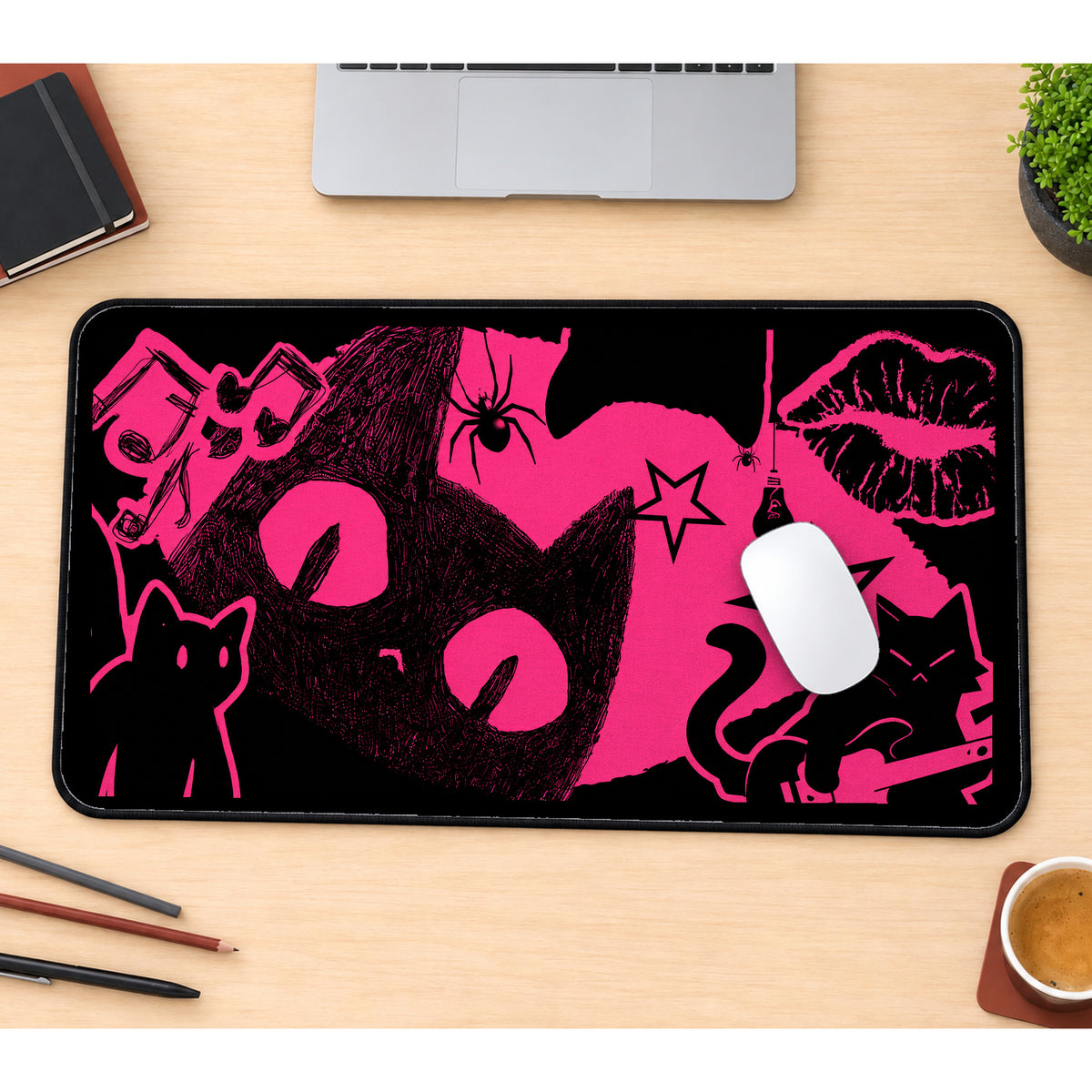 Hot Pink Cat and Punk Icons desk mat — product mockup 1