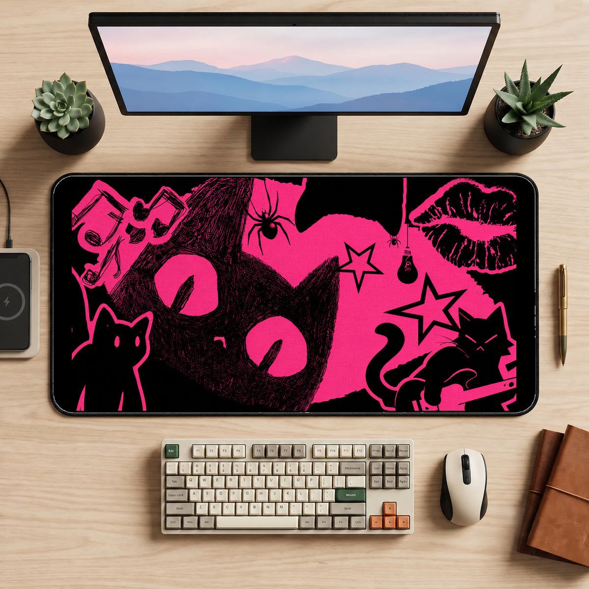 Hot Pink Cat and Punk Icons desk mat — product mockup 2