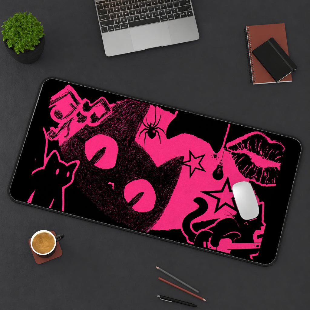 Hot Pink Cat and Punk Icons desk mat — product mockup 3