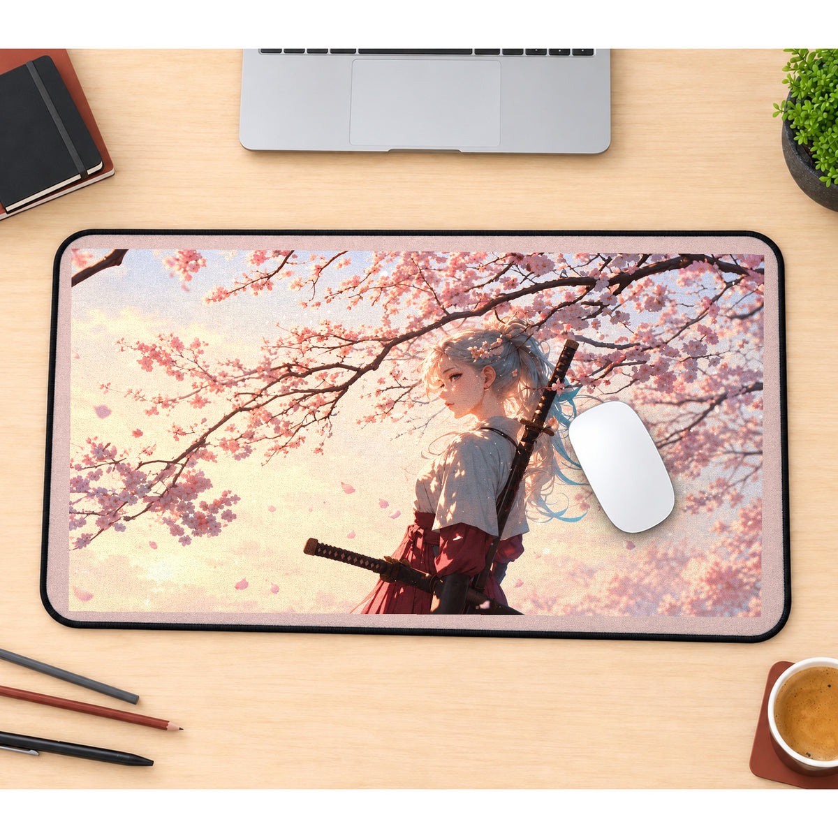 Sakura Samurai with a Blue Ribbon desk mat — product mockup 1