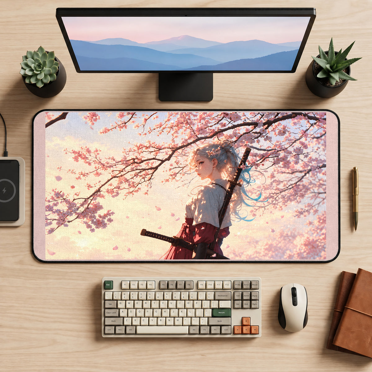 Sakura Samurai with a Blue Ribbon desk mat — product mockup 2