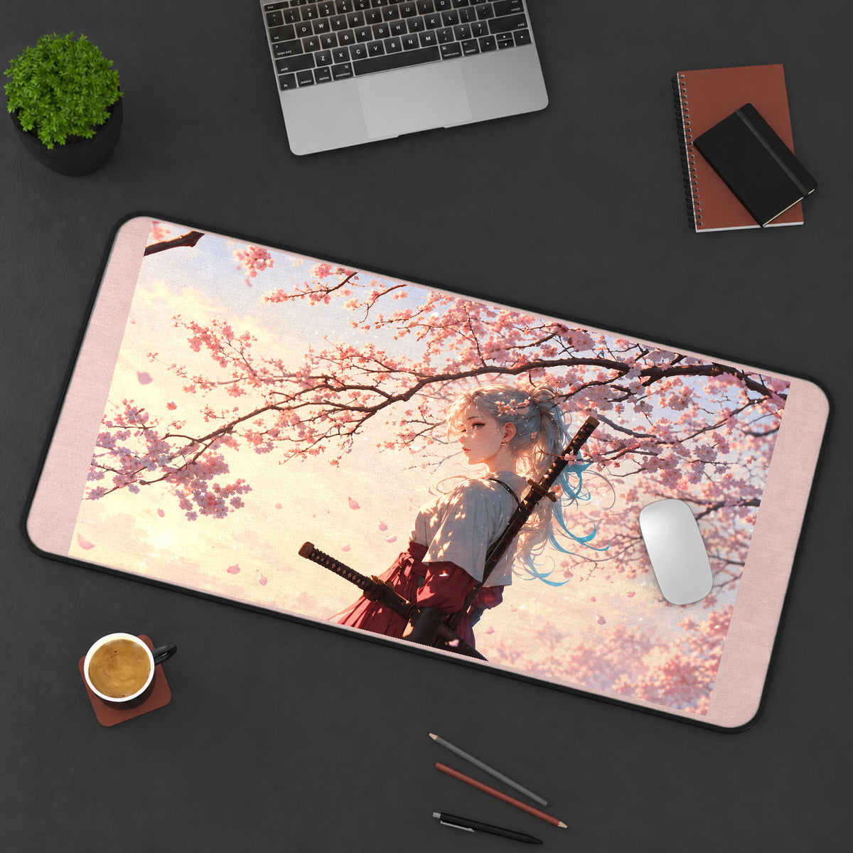 Sakura Samurai with a Blue Ribbon desk mat — product mockup 3