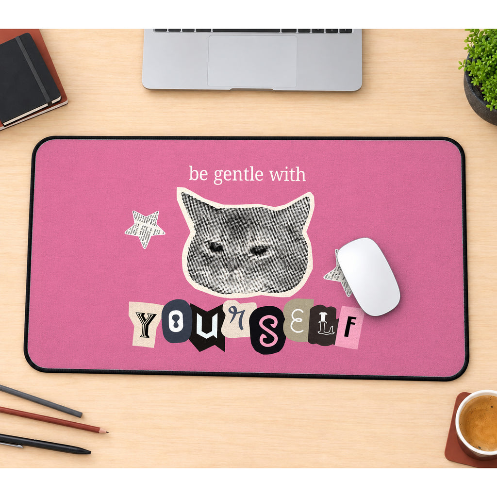 Be Gentle with Yourself Cat Collage desk mat — product mockup 1