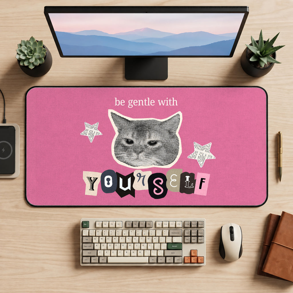 Be Gentle with Yourself Cat Collage desk mat — product mockup 2