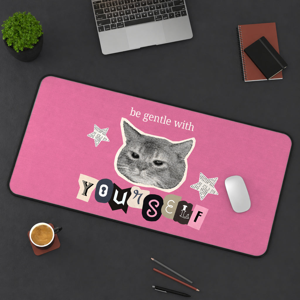 Be Gentle with Yourself Cat Collage desk mat — product mockup 3