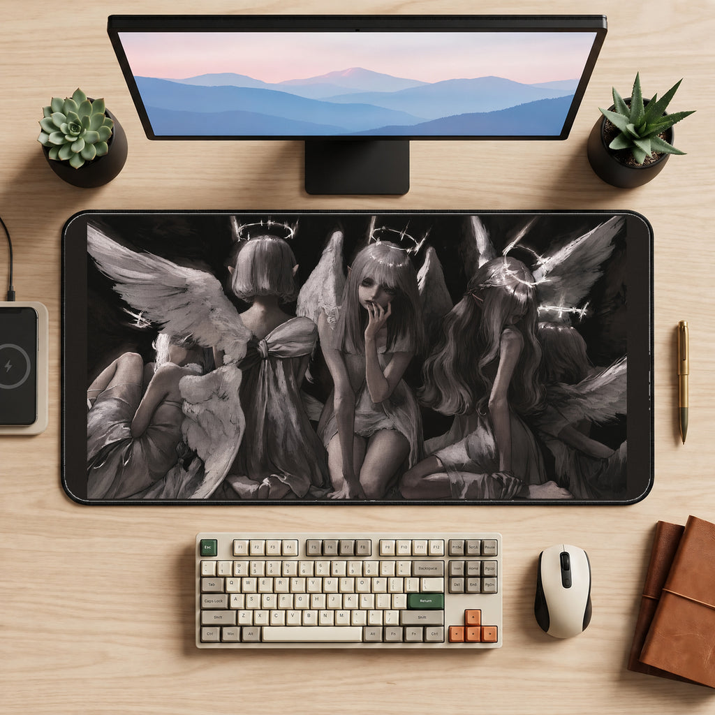 Three Pale Angels in Shadow desk mat — product mockup 2