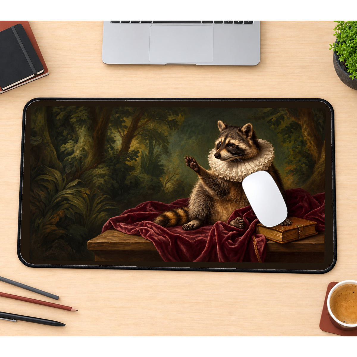 Raccoon Portrait with a Ruffled Collar desk mat — product mockup 1