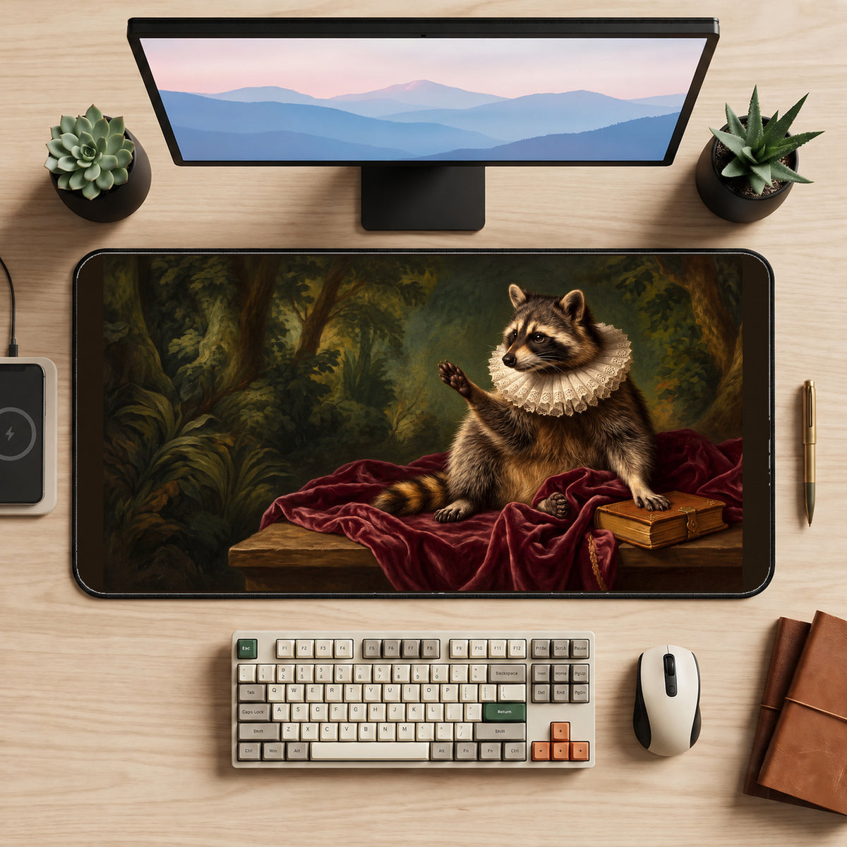 Raccoon Portrait with a Ruffled Collar desk mat — product mockup 2