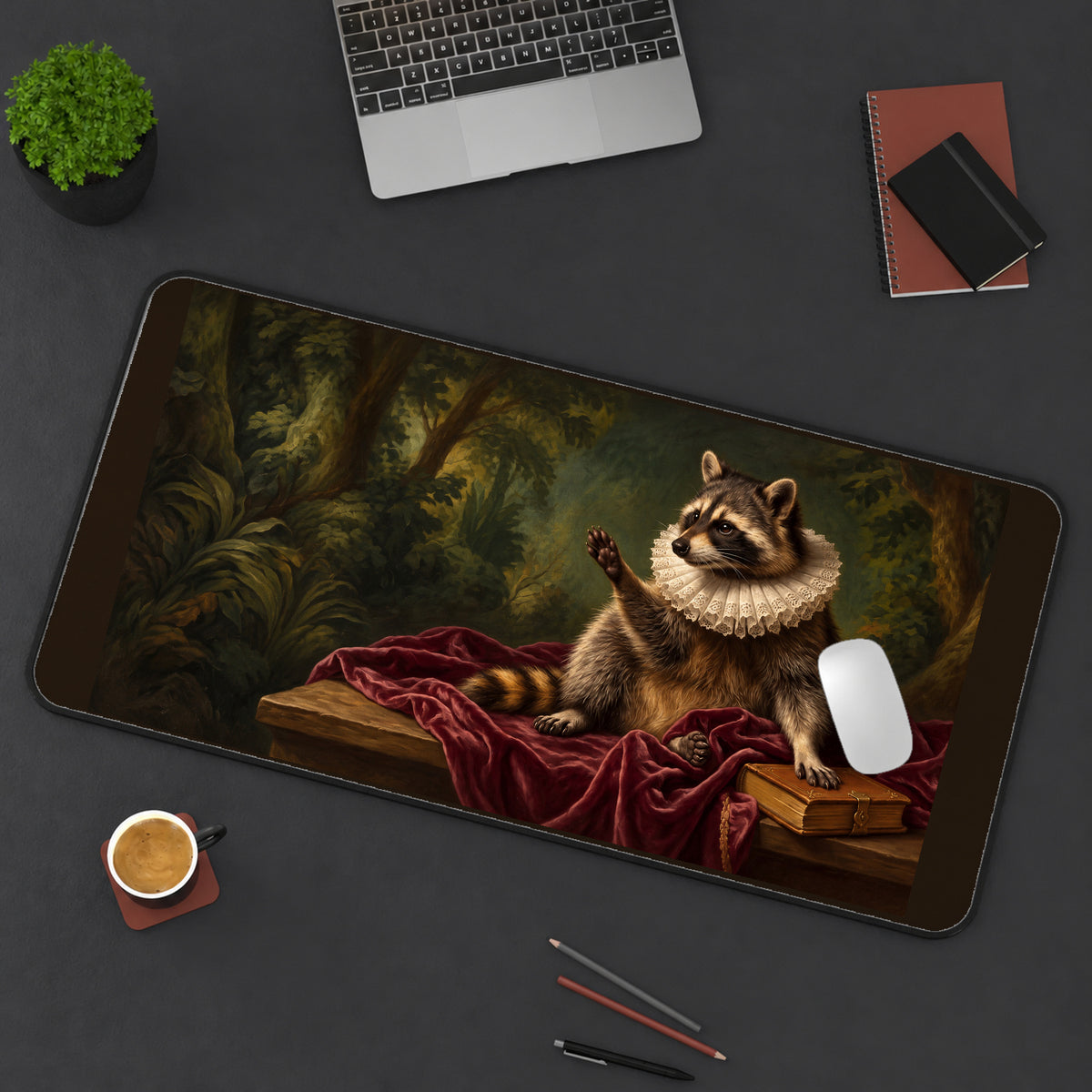 Raccoon Portrait with a Ruffled Collar desk mat — product mockup 3