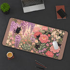 Black Cats among Pink Garden Blooms desk mat — product mockup 3