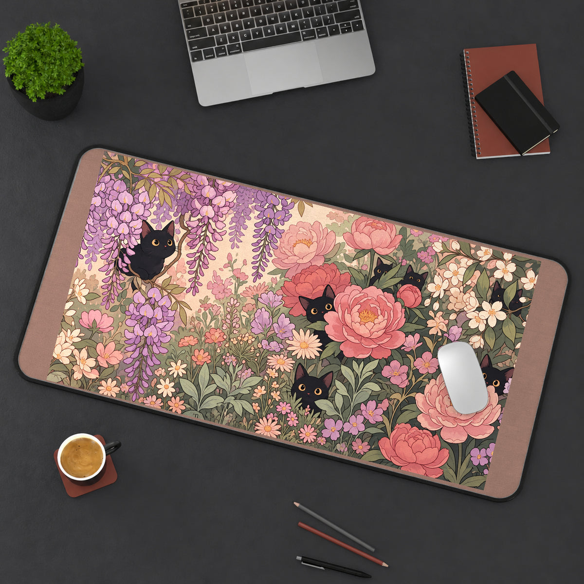 Black Cats among Pink Garden Blooms desk mat — product mockup 3