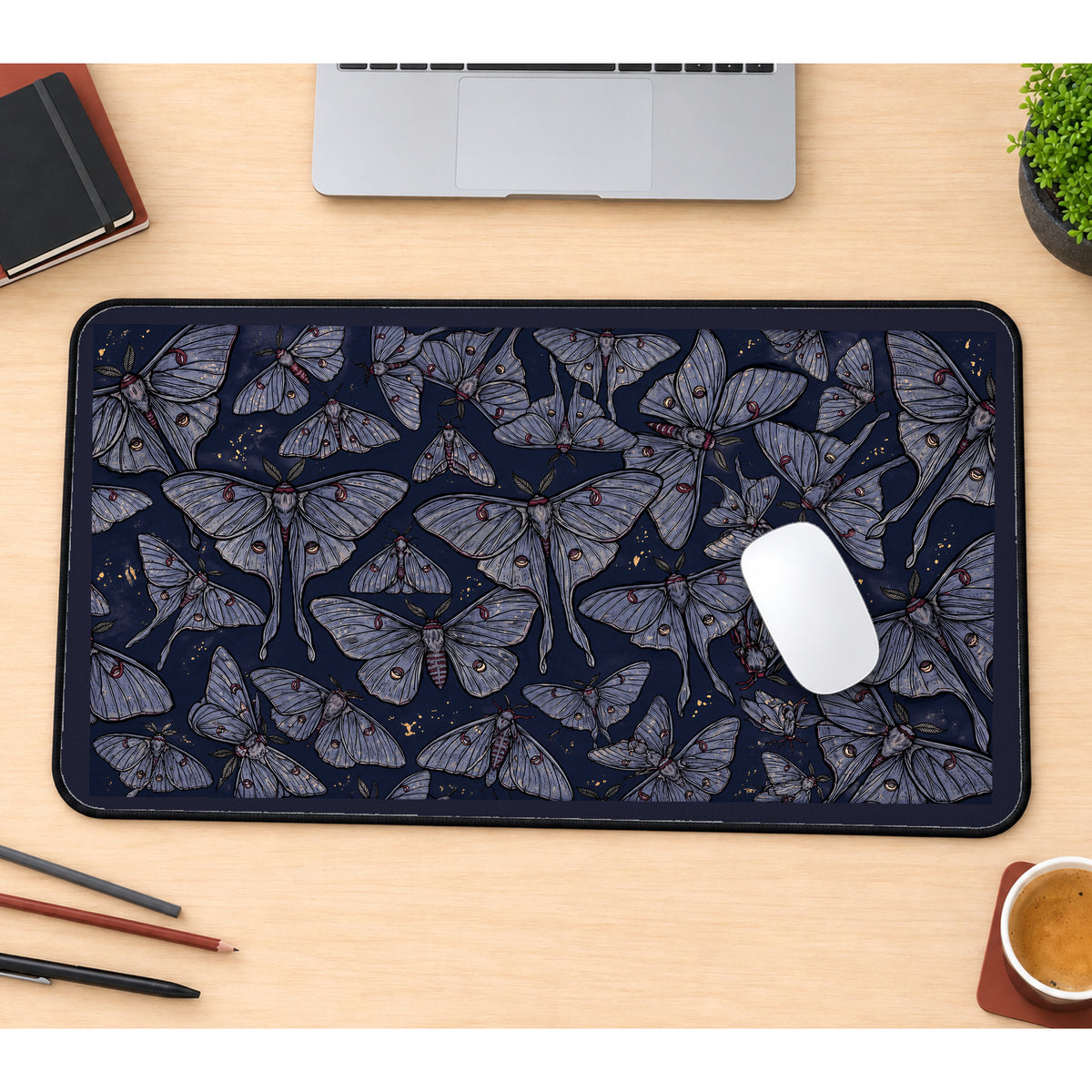 Indigo Lunar Moth Pattern desk mat — product mockup 1
