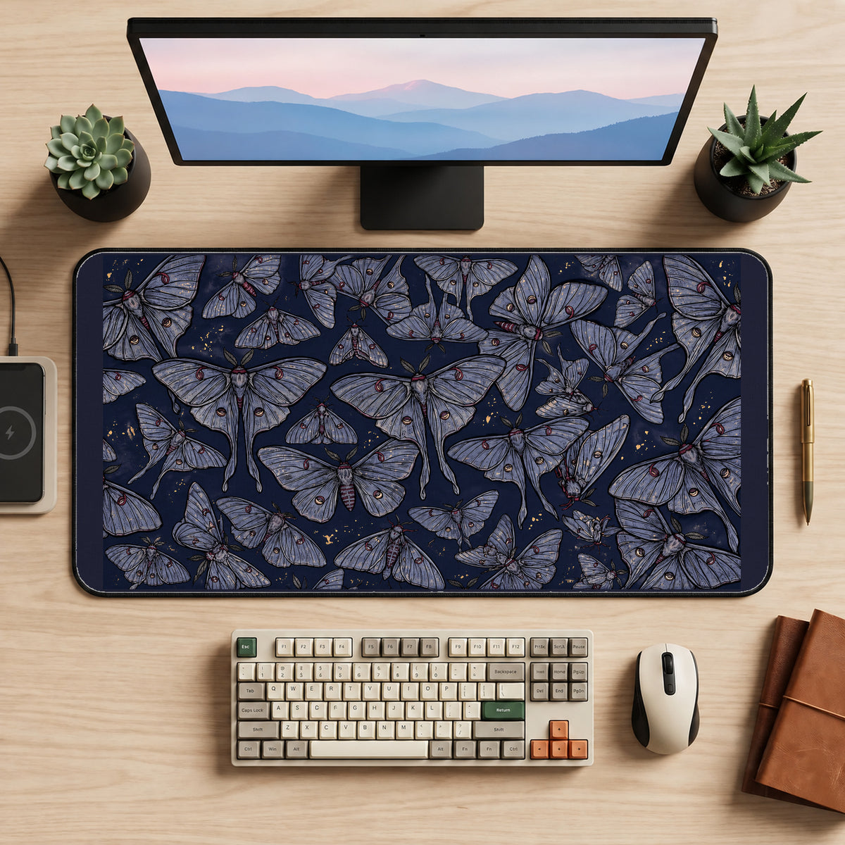 Indigo Lunar Moth Pattern desk mat — product mockup 2