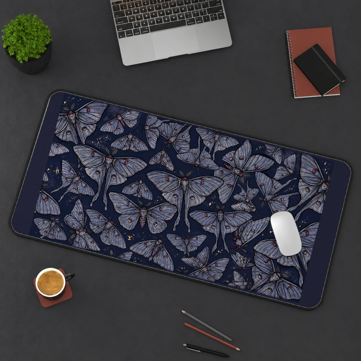 Indigo Lunar Moth Pattern desk mat — product mockup 3