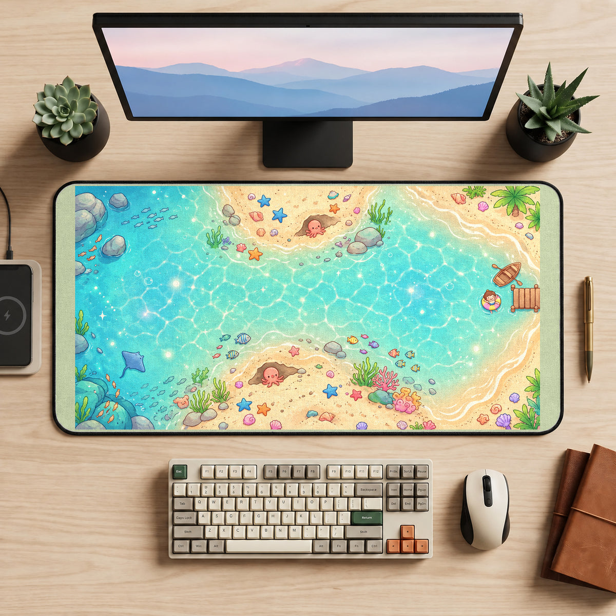 Kawaii Turquoise Beach Lagoon desk mat — product mockup 2