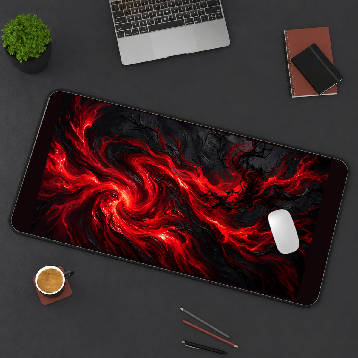 Crimson Swirls through a Black Void desk mat — product mockup 3