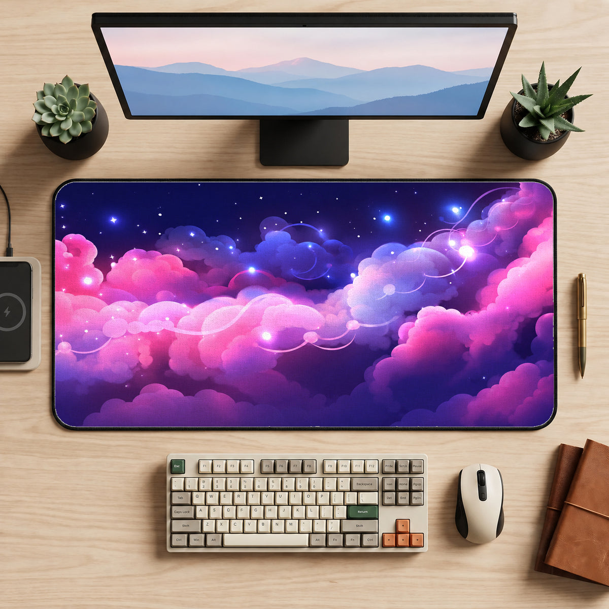 Electric Pink Clouds Desk Mat — product mockup 2