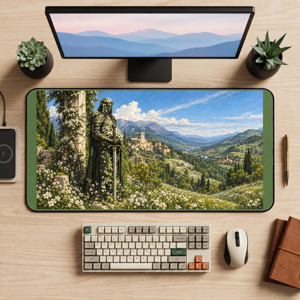 Flower Covered Knight in a Valley desk mat — product mockup 2