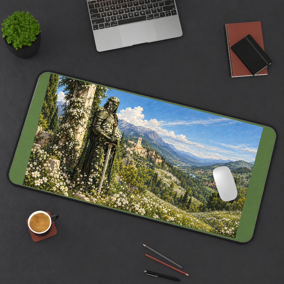 Flower Covered Knight in a Valley desk mat — product mockup 3