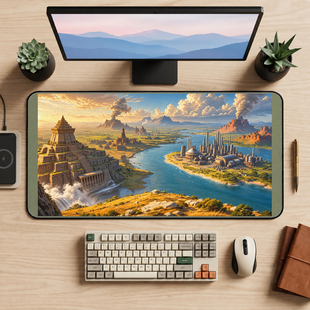 Ancient Temples and Future Cities desk mat — product mockup 2