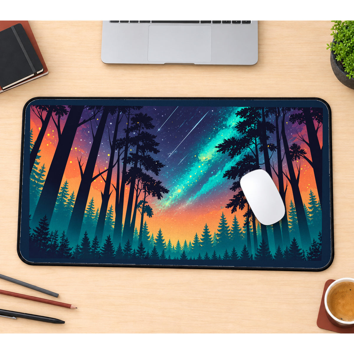 Meteor Shower above Pine Silhouettes desk mat — product mockup 1