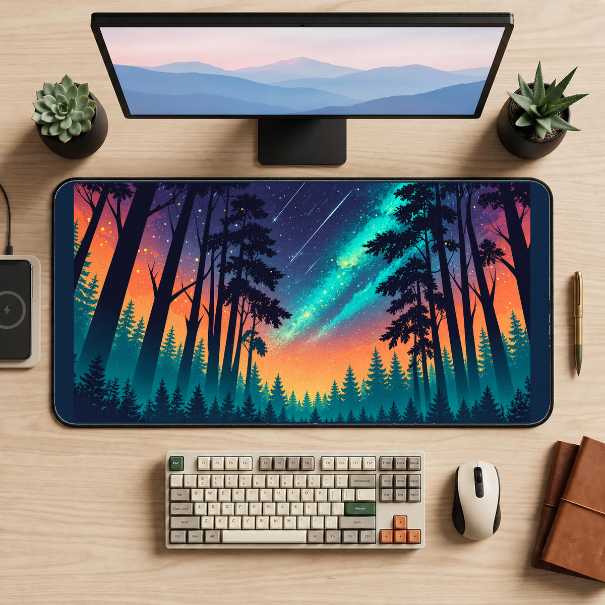 Meteor Shower above Pine Silhouettes desk mat — product mockup 2