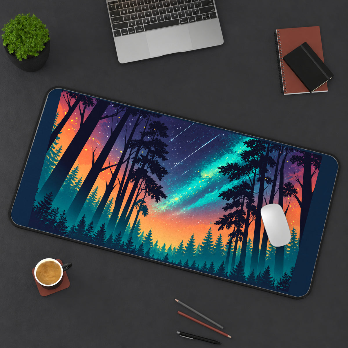 Meteor Shower above Pine Silhouettes desk mat — product mockup 3