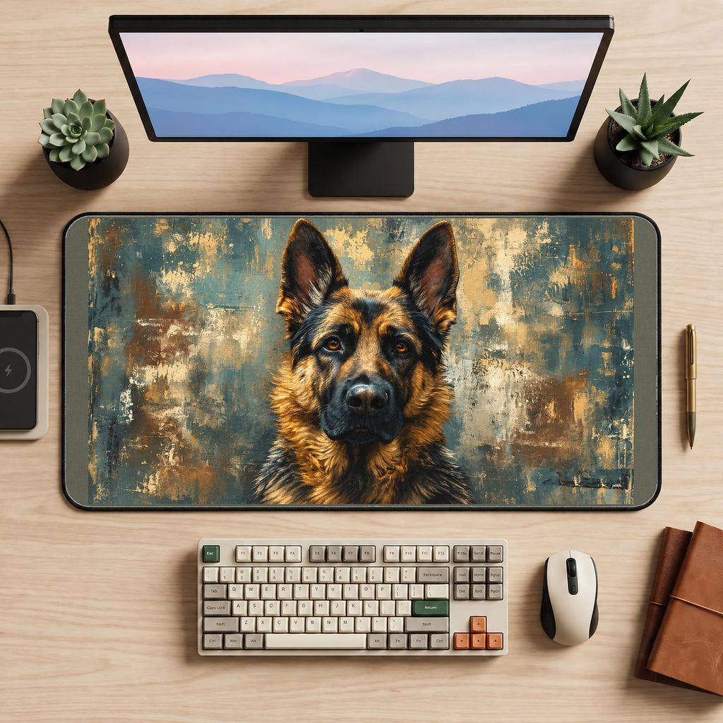 German Shepherd on a Patina Field desk mat — product mockup 2