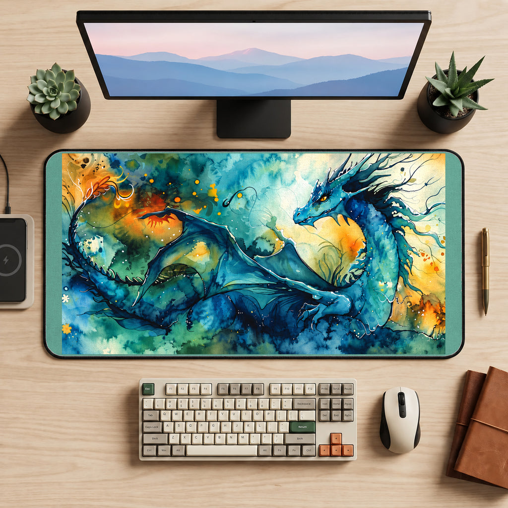 Blue Dragon in Watercolor Clouds desk mat — product mockup 2