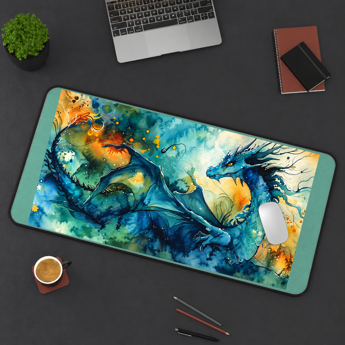Blue Dragon in Watercolor Clouds desk mat — product mockup 3