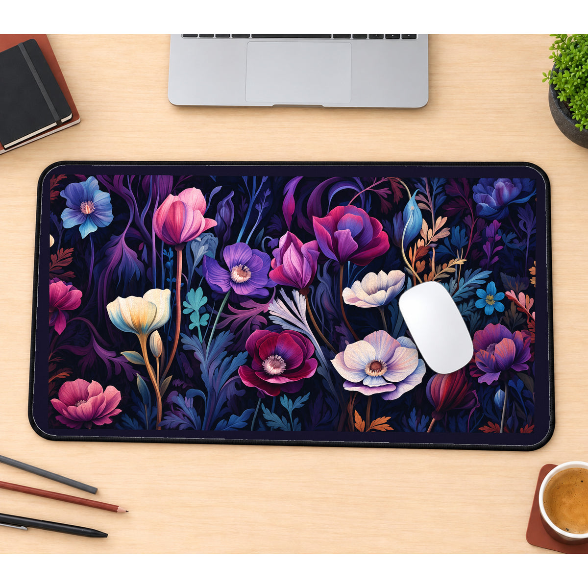 Purple and Magenta Nouveau Flowers desk mat — product mockup 1