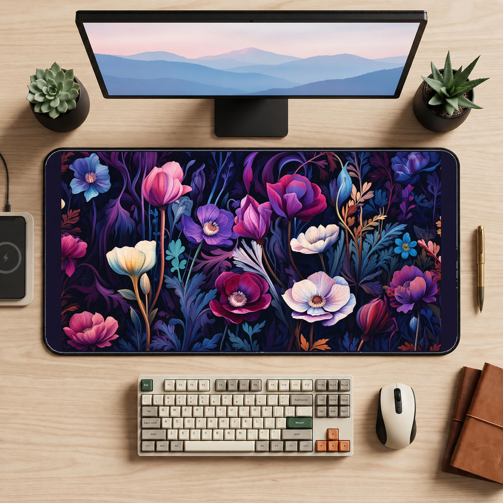 Purple and Magenta Nouveau Flowers desk mat — product mockup 2