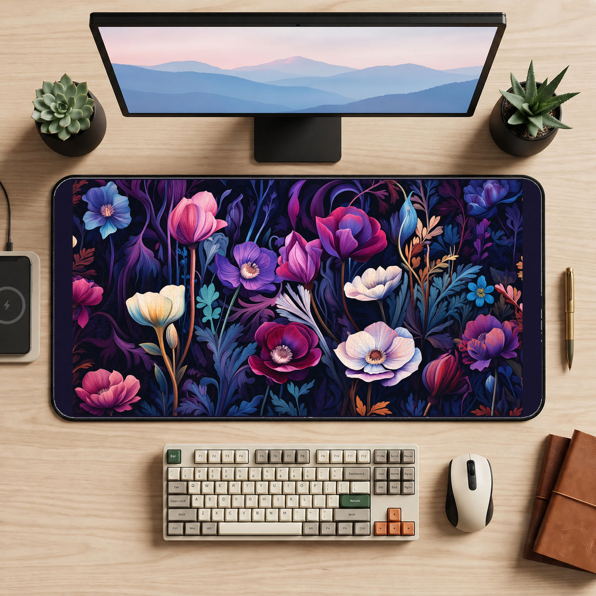 Purple and Magenta Nouveau Flowers desk mat — product mockup 2