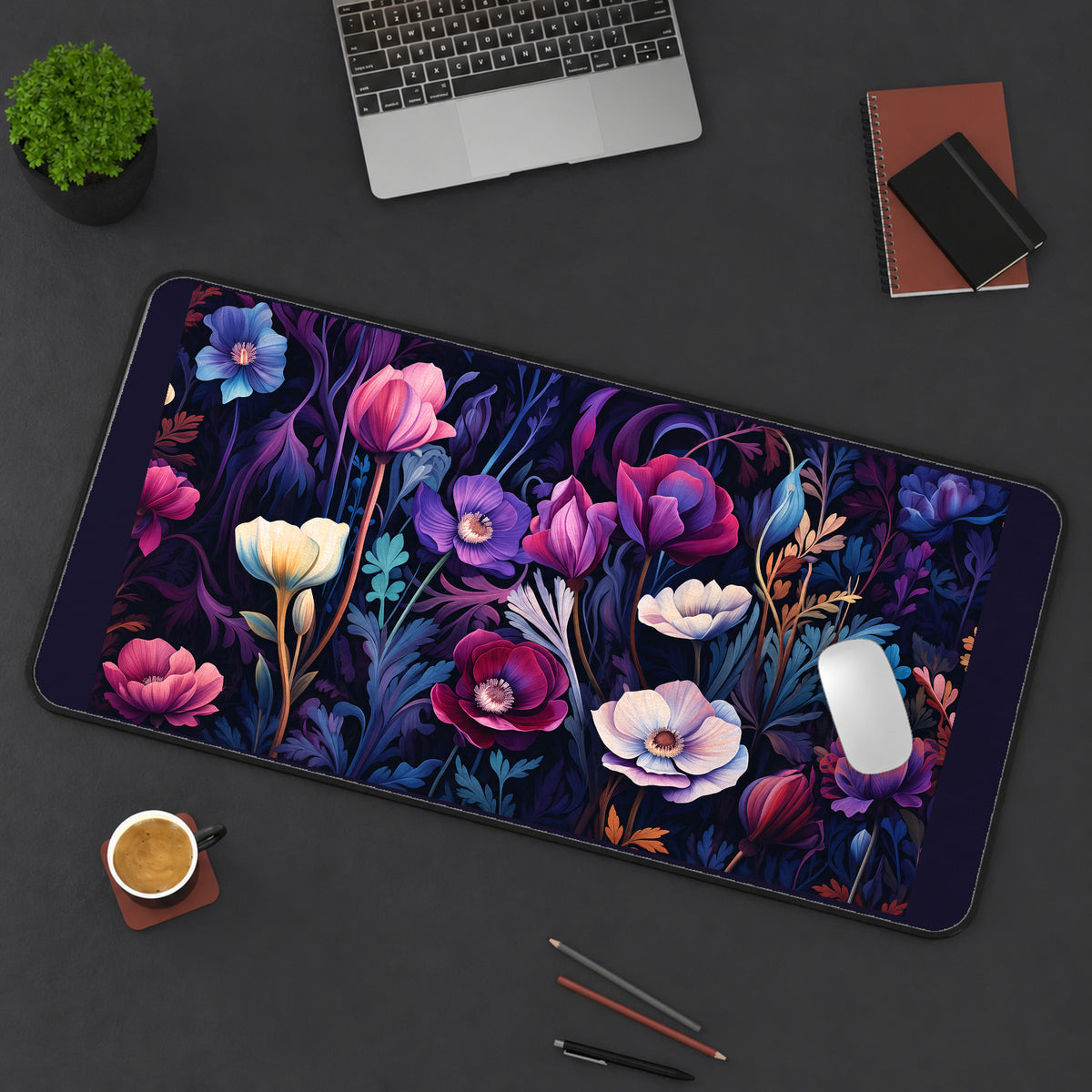 Purple and Magenta Nouveau Flowers desk mat — product mockup 3