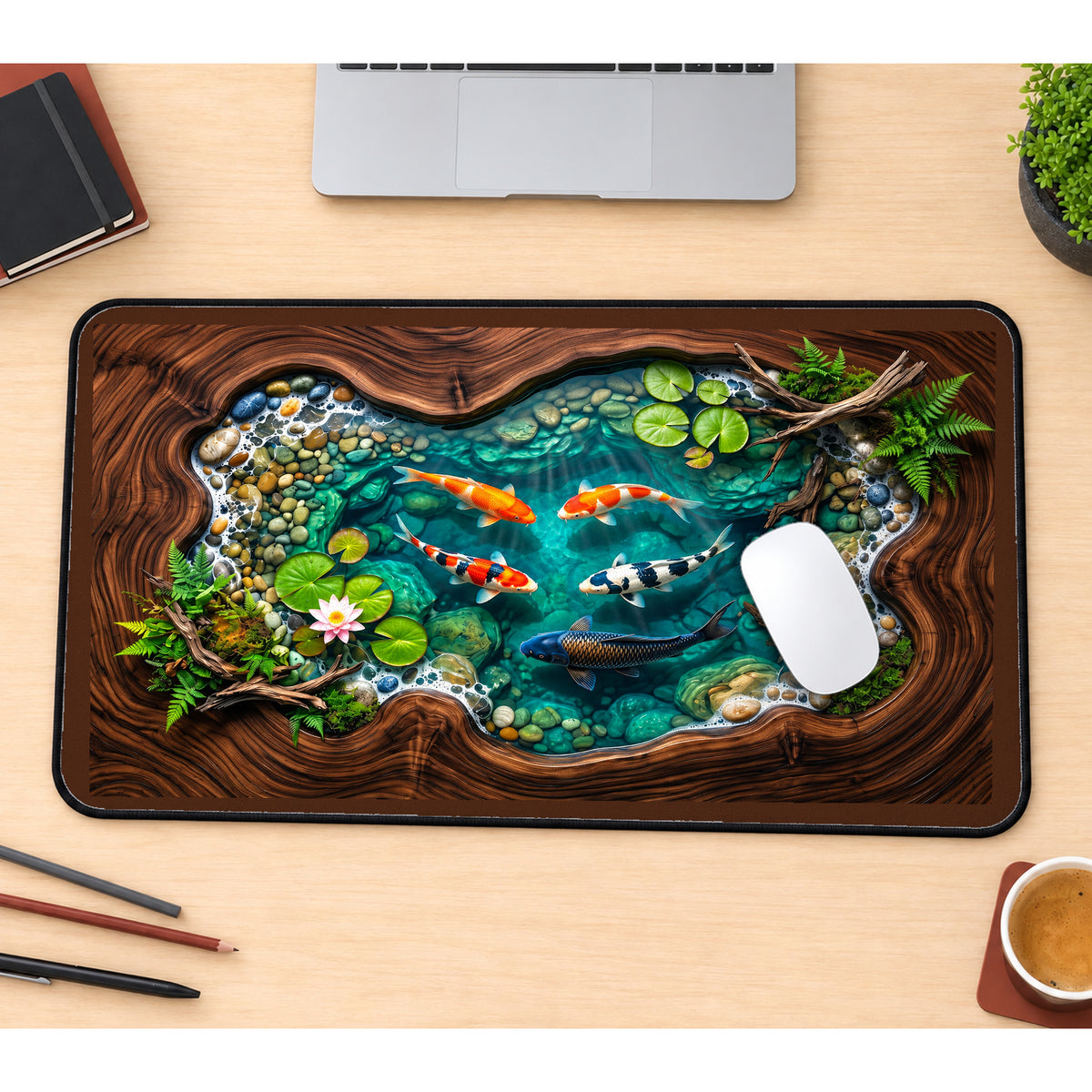 Koi Pond in a Woodgrain Frame desk mat — product mockup 1