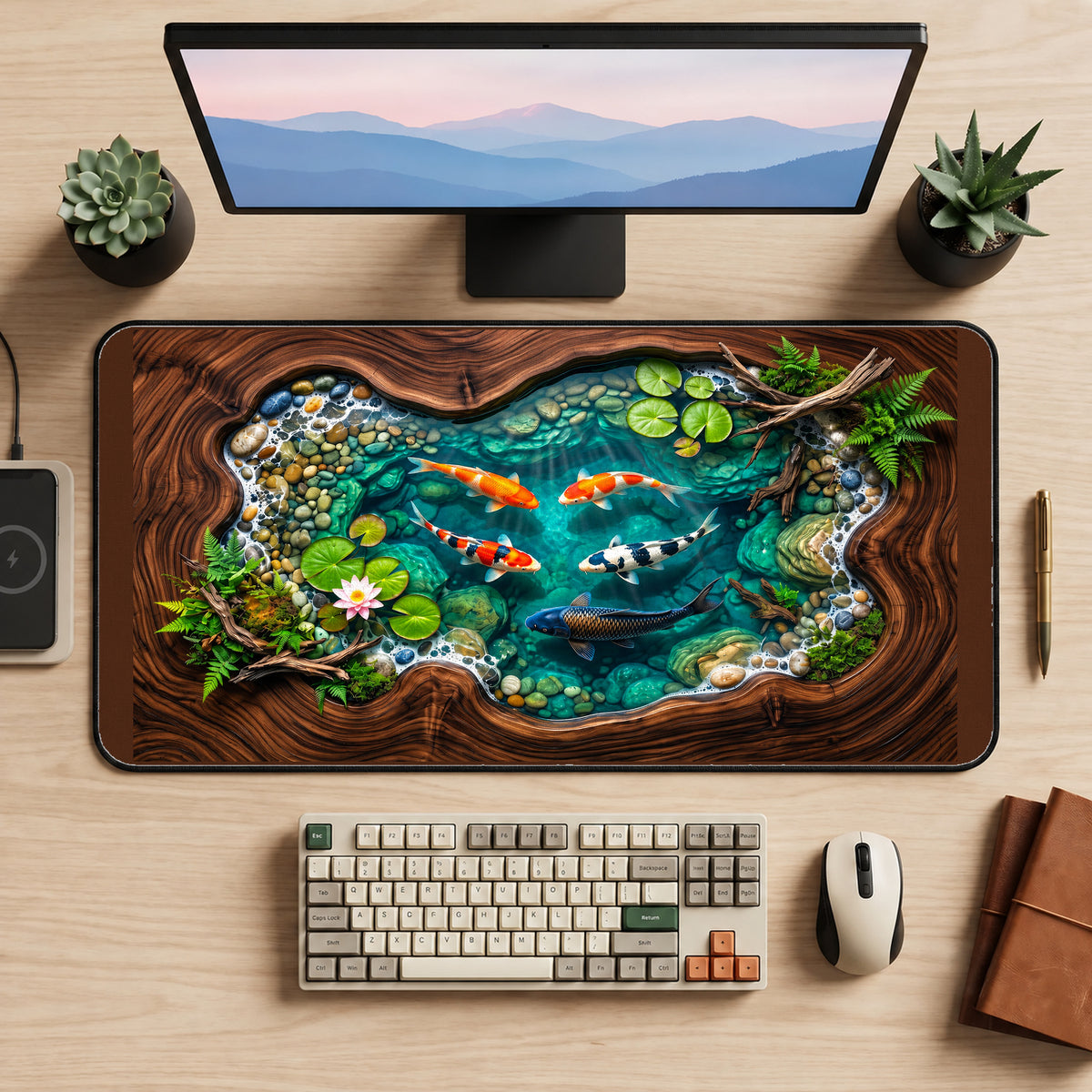 Koi Pond in a Woodgrain Frame desk mat — product mockup 2
