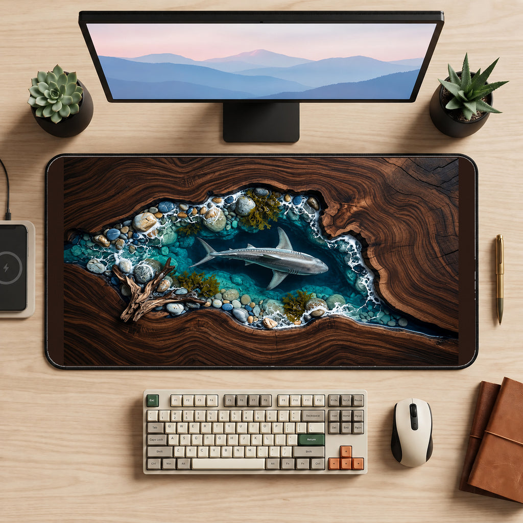 Shark in a Pebble Lined Inlet desk mat — product mockup 2