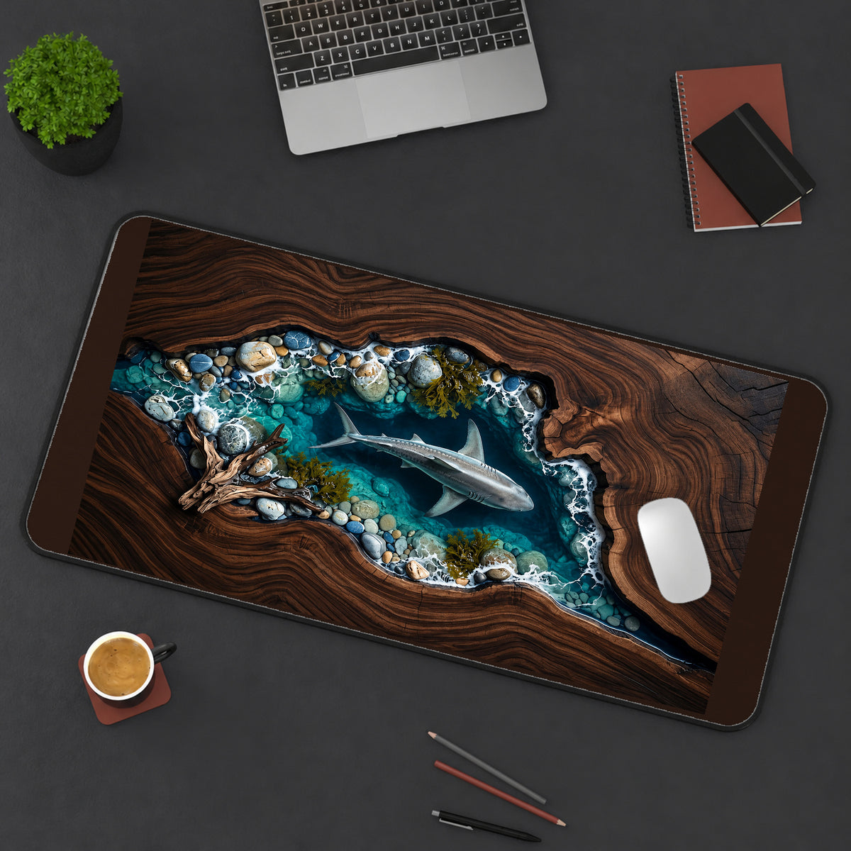 Shark in a Pebble Lined Inlet desk mat — product mockup 3