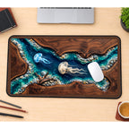Jellyfish in a Woodgrain Lagoon desk mat — product mockup 1