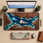 Jellyfish in a Woodgrain Lagoon desk mat — product mockup 2