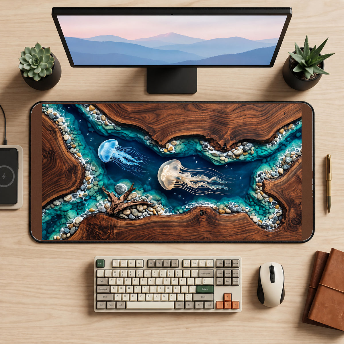 Jellyfish in a Woodgrain Lagoon desk mat — product mockup 2