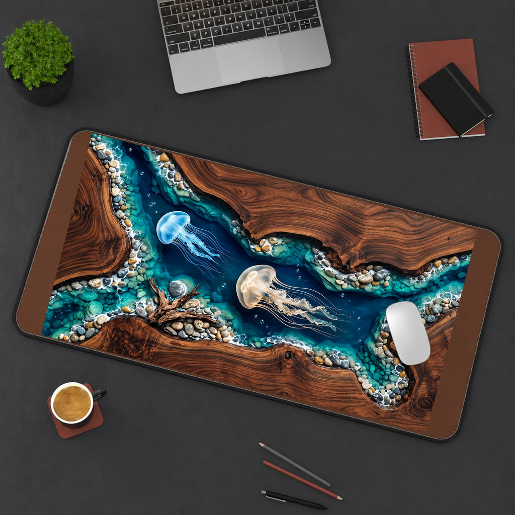 Jellyfish in a Woodgrain Lagoon desk mat — product mockup 3
