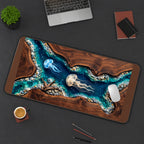 Jellyfish in a Woodgrain Lagoon desk mat — product mockup 3