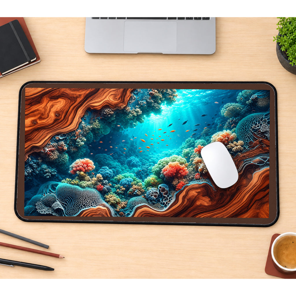 Coral Reef inside a Woodgrain Cove desk mat — product mockup 1