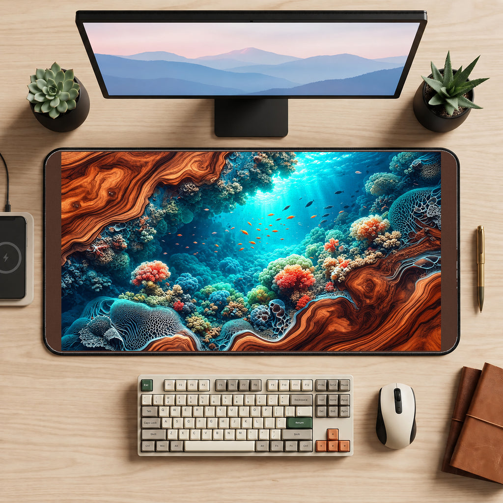 Coral Reef inside a Woodgrain Cove desk mat — product mockup 2