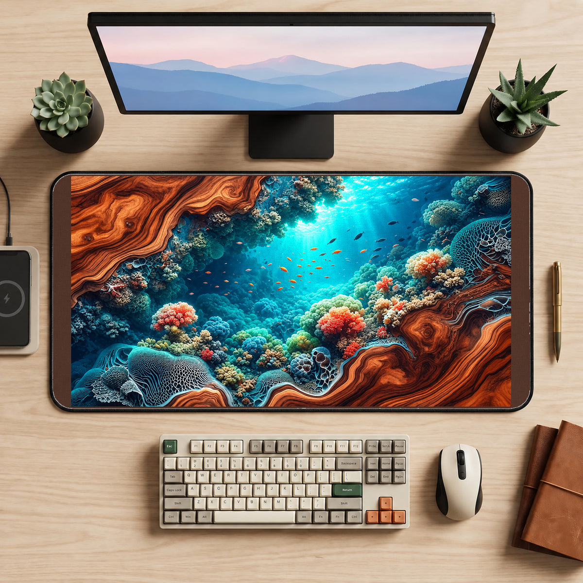 Coral Reef inside a Woodgrain Cove desk mat — product mockup 2