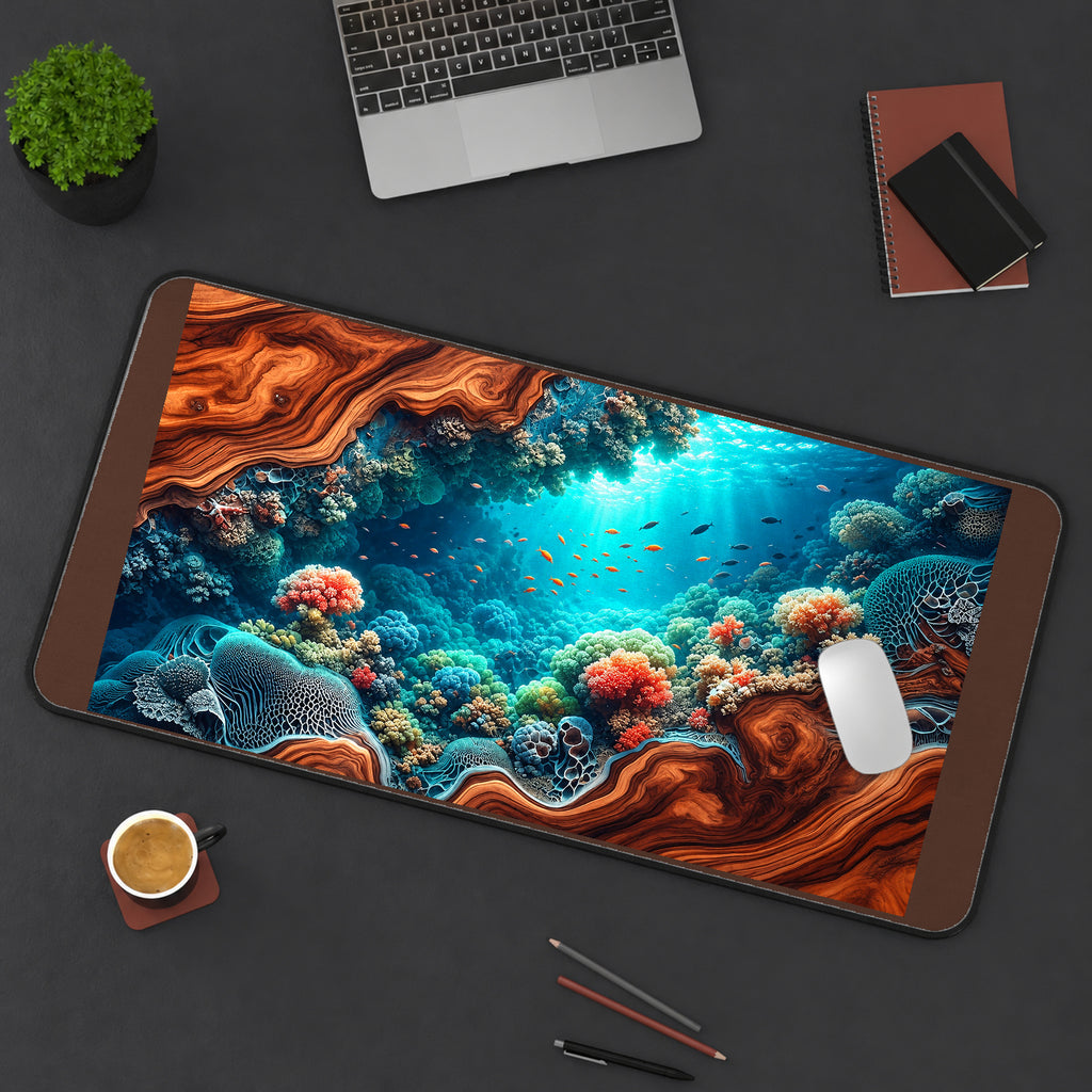 Coral Reef inside a Woodgrain Cove desk mat — product mockup 3