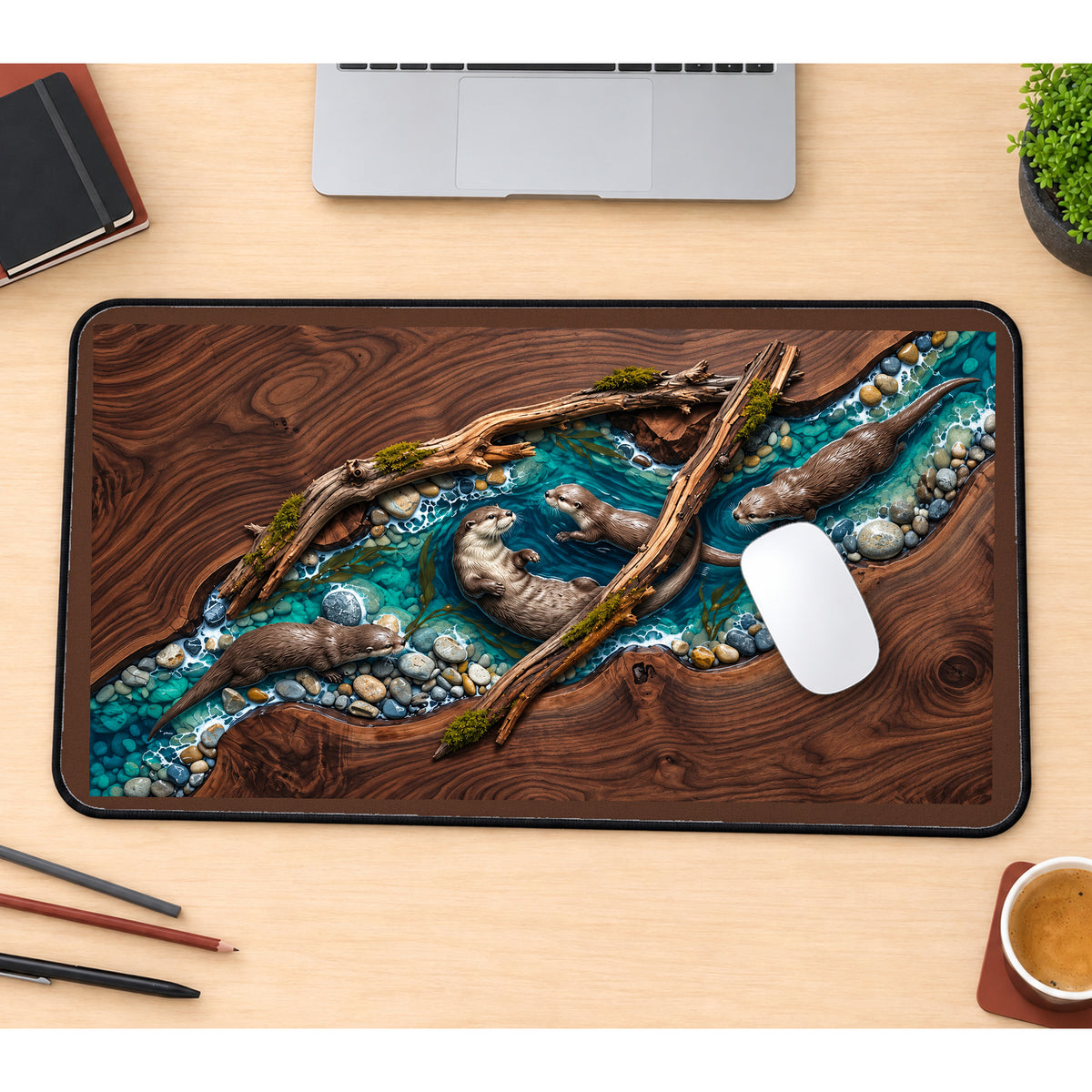 Otters in a Woodgrain River desk mat — product mockup 1