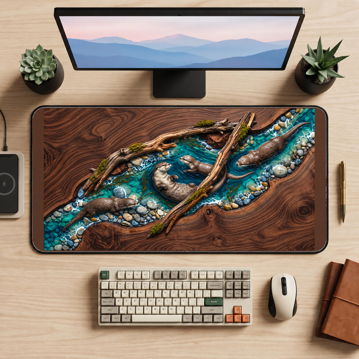 Otters in a Woodgrain River desk mat — product mockup 2