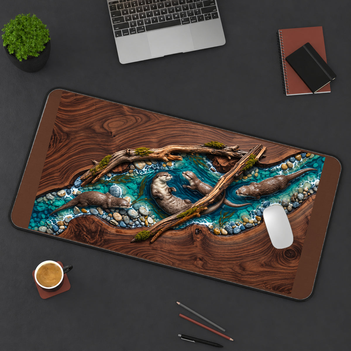 Otters in a Woodgrain River desk mat — product mockup 3